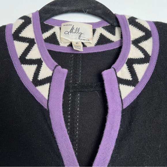 Milly Merino Wool Sweater Dress 3/4 Bell Sleeve Chevron print size P/XS - Picture 4 of 6